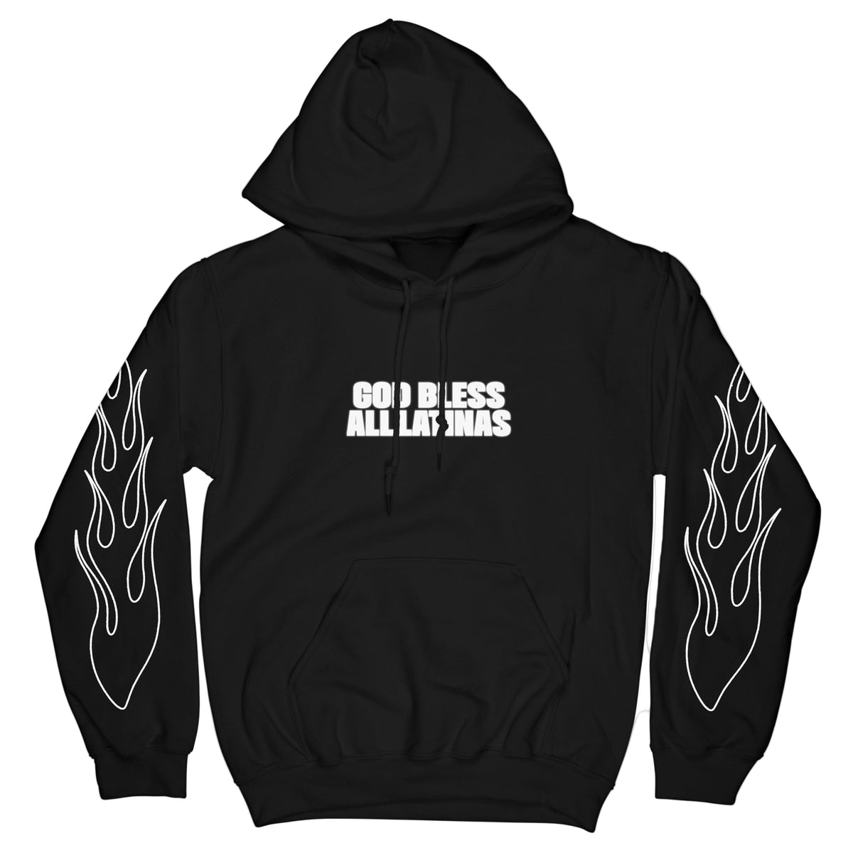 Black hoodie with flame designs on sleeves and 'God Bless All Latinos' text on chest against a white background