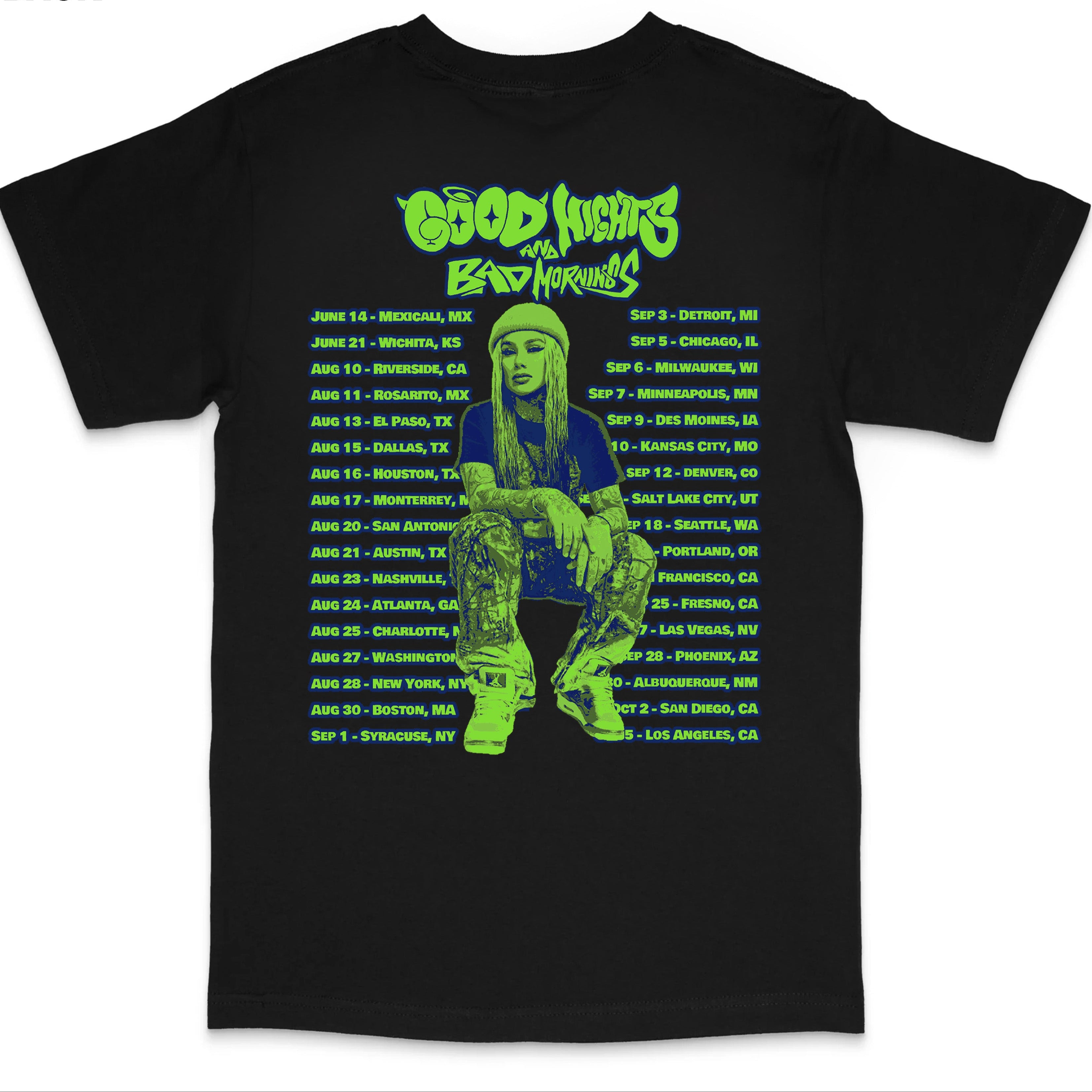 The Good Nights & Bad Mornings Tour Black T-Shirt - EVERYDAYDAYS Snow Tha Product merch