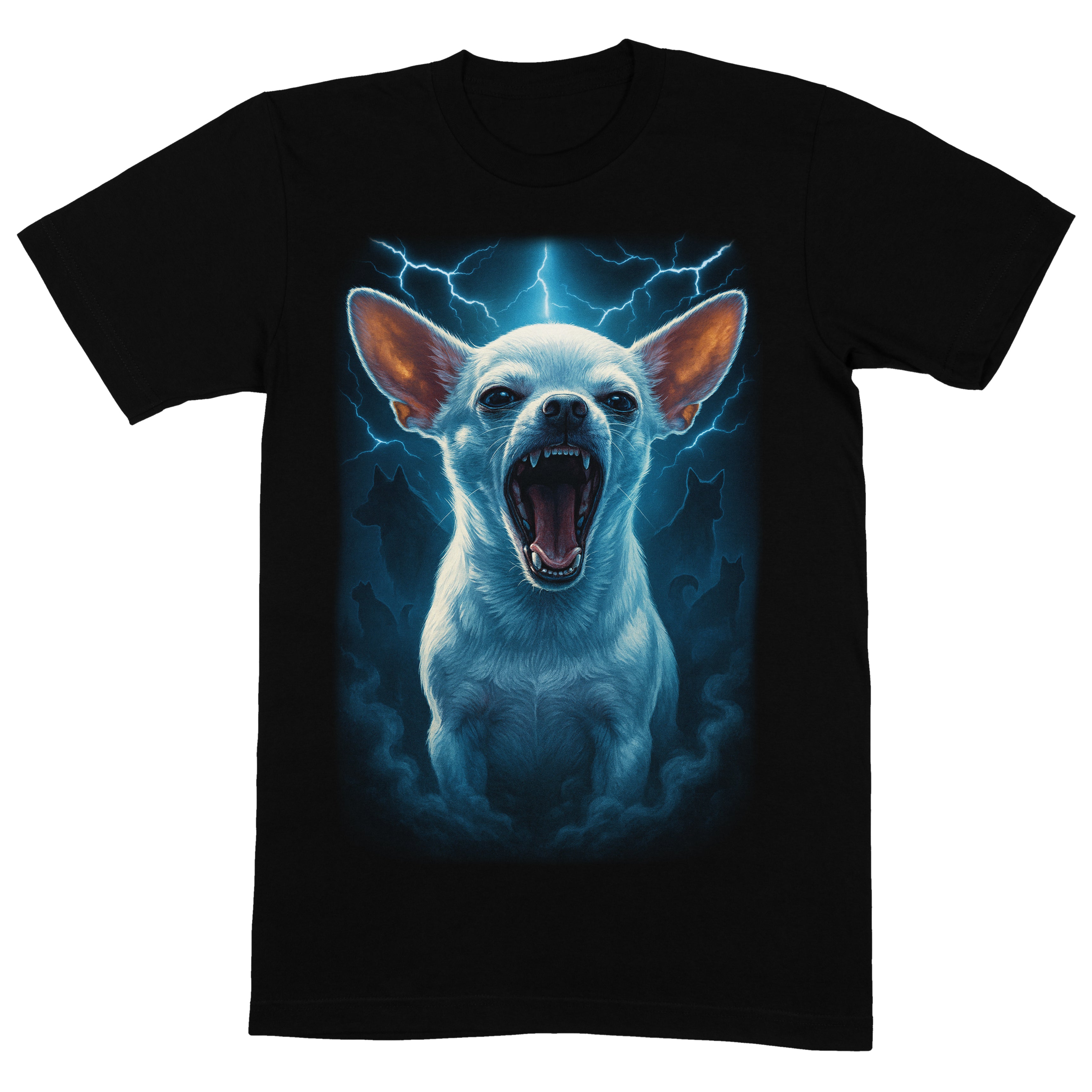 Black t-shirt with a graphic of a dog with a blue electric effect on a white background