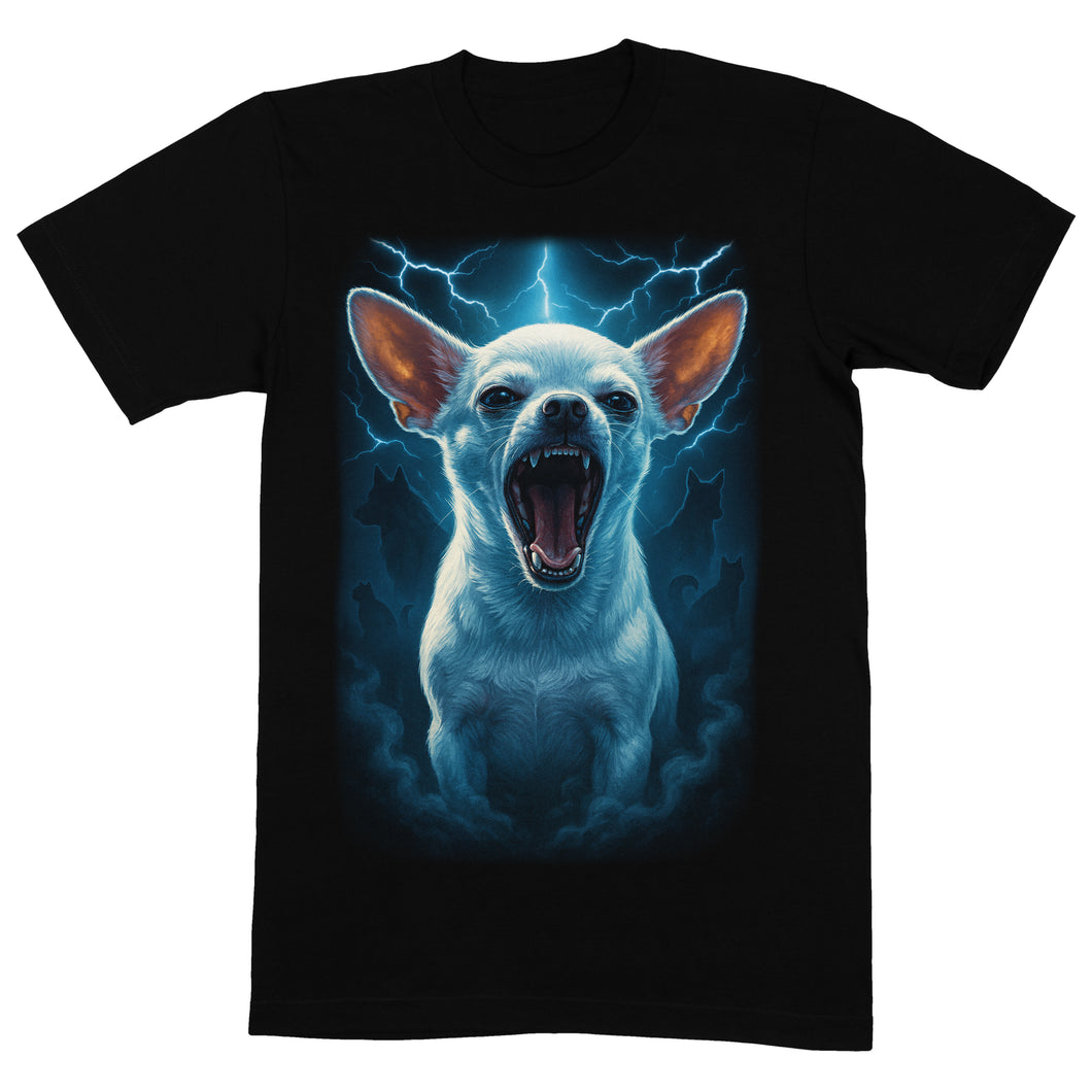 Black t-shirt with a graphic of a dog with a blue electric effect on a white background