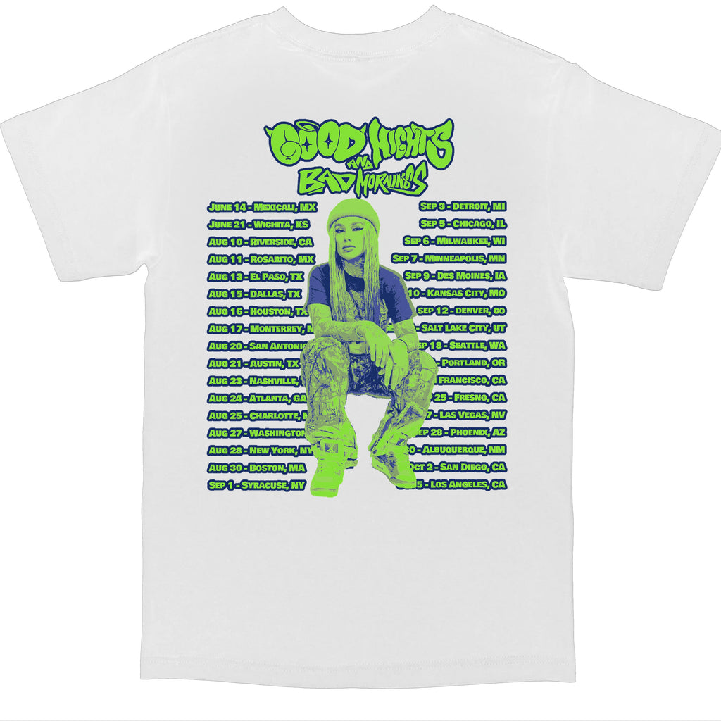 The Good Nights & Bad Mornings Tour White T-Shirt - EVERYDAYDAYS Snow Tha Product merch