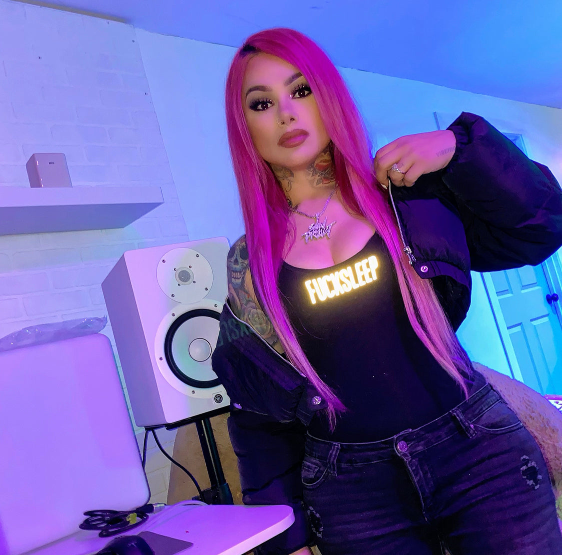 Fuck Sleep Body Suit (Black-Reflective) - EVERYDAYDAYS Snow Tha Product merch